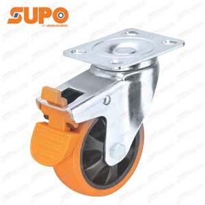 ล้อยูรีเทนไฮเทค PUo แบบกระทะพลาสติก รุ่นรับน้ำหนักเบา-ปานกลาง Series 03 ล้อเป็น+เบรก 125 มม.